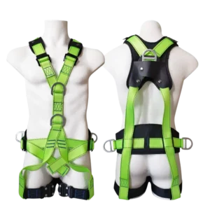 front and back view of 5 point full body safety harness with waist support